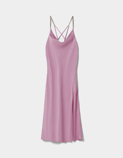Satiniertes Midikleid mit Trägern und Strass